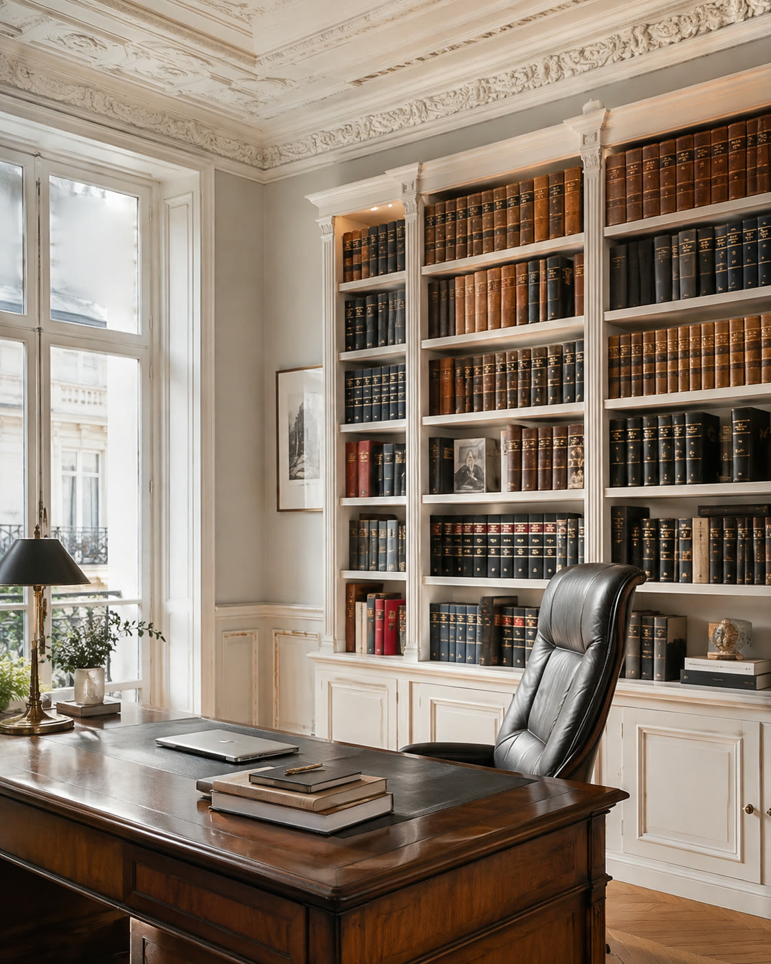Despacho profesional con biblioteca jurídica y escritorio de trabajo